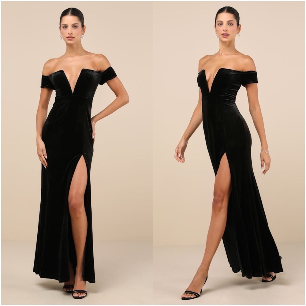 LULU’S Captivating Silhouette Black Velvet Off-the-Shoulder Maxi Dress